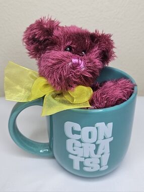 Burgundy Plush Bear in Teal "Congrats!" Mug NEW